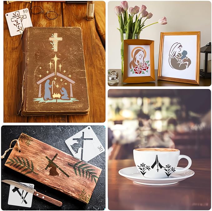 Christian Stencils for Painting, 64PCS 3x3 Inch Plastic Bible Stencils for Crafts Reusable, with Cross, Jesus, Angel & Bible Verse Designs, for DIY Wood Signs, Journaling, Card Making & Projects