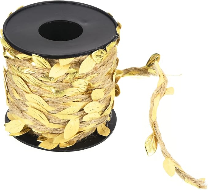 PATIKIL 33ft 5mm Burlap Leaf Ribbon, Braided Decoration Vine Natural Jute Rope Twine with Artificial Leaves for Jungle Wedding Party Home Garden Decor, Gold Tone