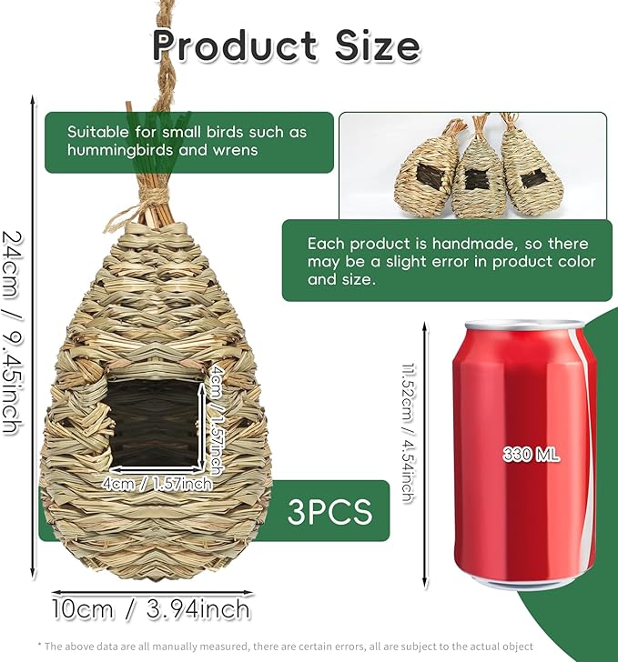 Gute Hummingbird Houses for Outside Hanging, Natural Grass Hanging Bird Hut, Hand Woven Bird Nest, Large Wren Finch Bird House for Garden Window Outdoor Home Decoration, 3 Pack