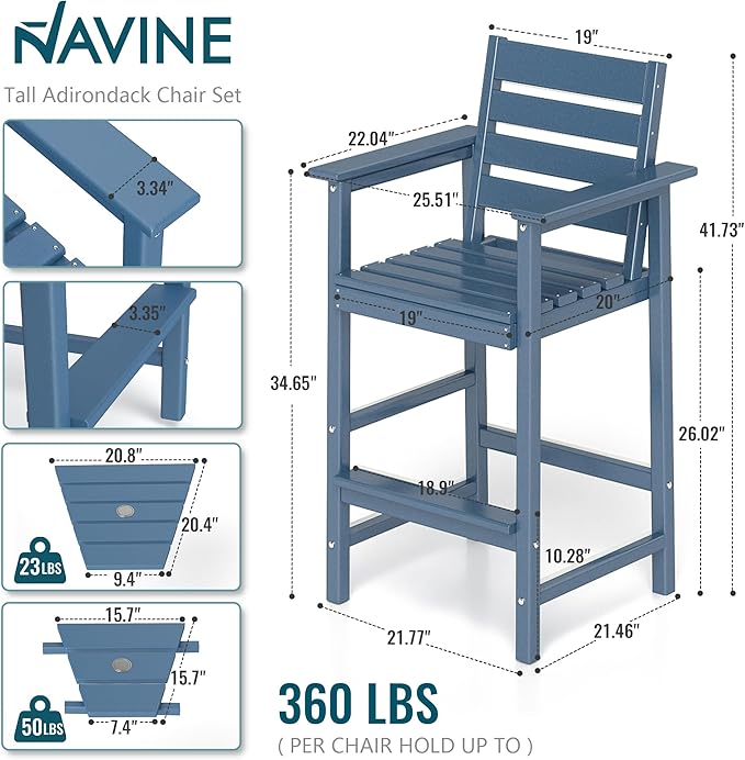Tall Adirondack Chairs Set of 2, HDPE Balcony Chair, All Weather Adirondack Bar Height Chairs Set of 2 with Two Detachable Tray, Outdoor Bar Stools Set for Bistro, Poolside, Patio, Blue