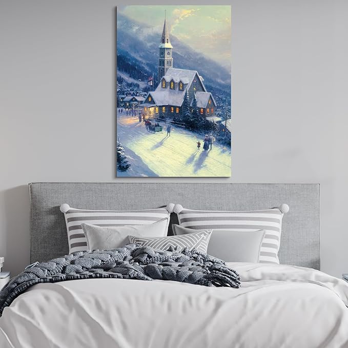 STUDIO HAVEN Thomas Kinkade Canvas Wall Art, Snow-Covered Church Winter Mountain Scene Warm Glowing Windows Oil Painting Poster Festive Wall Decor, Framed Prints for Home Decor, 16x24Inch