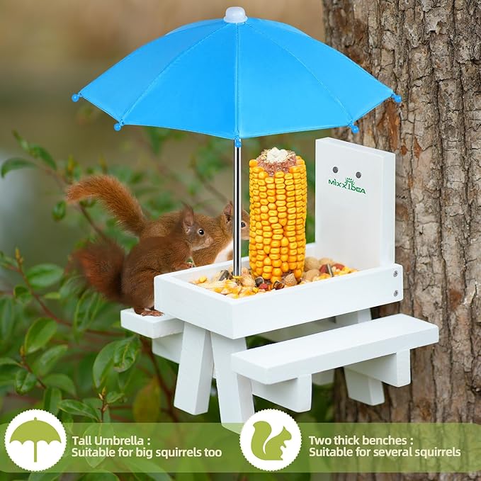 MIXXIDEA Squirrel Feeder Table with Umbrella, Wooden Squirrel Picnic Table Feeder, Durable Squirrel Feeder Corn Cob Holder, with Solid Structure and 2 x Thick Benches(White&Blue)