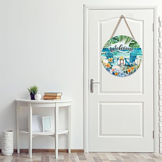 Welcome Sea Chair Front Door Sign 12 X 12 Inches Summer Door Hanger Wall Pediment Round Wooden Beach Wreaths for Front Door, Farmhouse Summer Welcome Wall Hanging
