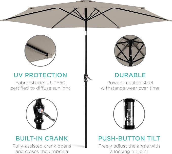 Best Choice Products 10ft Outdoor Steel Polyester Market Patio Umbrella w/Crank, Easy Push Button, Tilt, Table Compatible