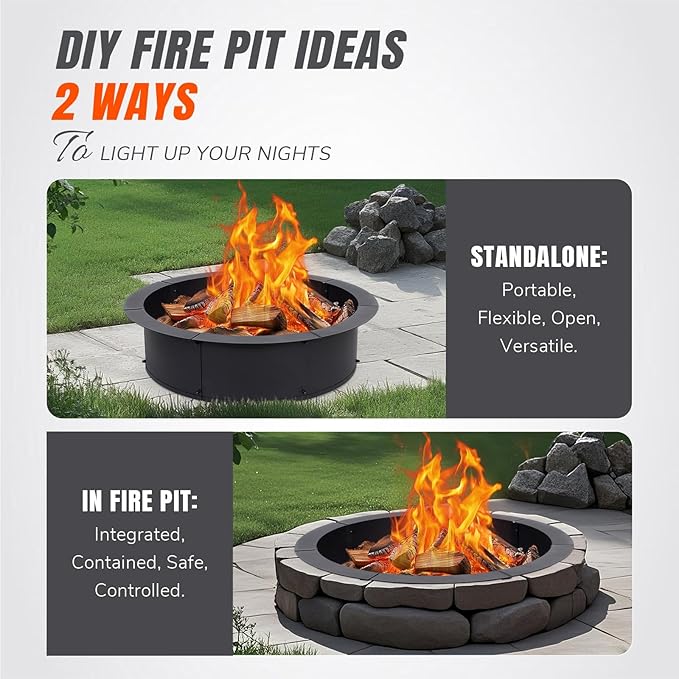 INNOSTAGE 28 Inch Fire Pit Ring (33 Inch Outer), Heavy Duty Steel Fire Ring for Outside, Large Round Fire Pit Insert, DIY Camping Fire Ring, Above or In-Ground, Black Carbon for Backyard Patio Bonfire