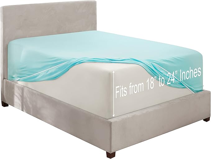 Clara Clark Fitted Sheet, Extra Deep Pocket Fits Deep Mattress, Luxury Soft Fitted Sheet Only, King - Extra Deep Aqua Light Blue