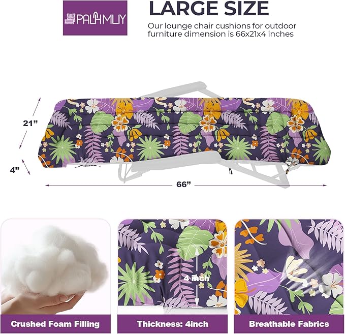 Outdoor Chaise Lounge Chair Cushion Waterproof 66 x 21 x 4 Inches Cotton Lounge Chair Cushions with Ties, Soft Thickened Lounge Chair Cushions for Indoor Outdoor Furniture (Purple Flower Leaf)
