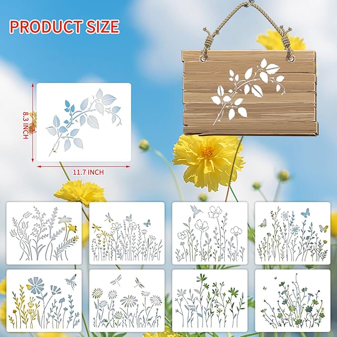 16 Pieces Wildflower Stencils for Painting, Reusable Large Spring Wild Flower Stencils Wall Stencils, DIY Large Drawing Template Stencil for Painting on Wood Wall Canvas Home Decor(8.3x11.7Inch)