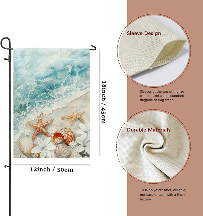 Coastal Ocean Sea Shells Garden Flag, Soft Blue Shells Starfish Outdoor Decor Banner, Double Sided Fabric Yard Flag Summer Lawn Decoration 12x18 Inch