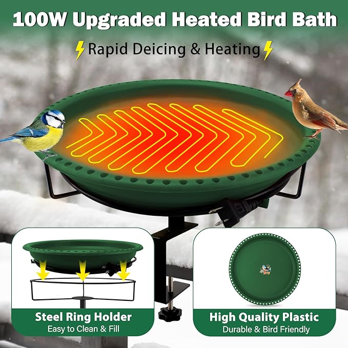 Daoeny Heated Bird Bath for Deck Railing, Upgraded 100W Heated Bird Baths for Outdoors Thermostat Control, Heated Bird Bath for Outside Winter Garden Yard Patio Decor (Green)