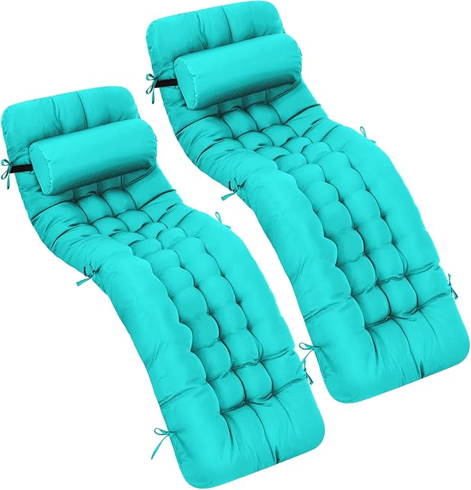 Tudomro 2 Pcs Peacock Blue 66'' Outdoor Chaise Lounge Cushion Waterproof Patio Lawn Pool Chaise Lounge Cushion with Headrest Pillow & Ties Weather Fade Resistant Replacement Longue Chair Pad