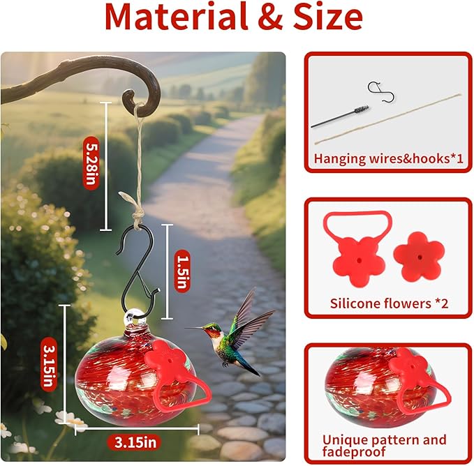 Small Hummingbird Feeders for Outdoors Hanging,Hand-Blown Glass Hummingbird Feeder with Silicone Feeding Perch,Never Leak,Gardening Gifts for Woman Man(Red)