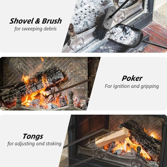 Heavy Duty Fireplace Tools Set Indoor with 31.5inch Holder - 23.6inch Extra Long Brush, Poker, Shovel & Hook - Premium Metal Fireplace Accessories Kit in Black or Bronze (Bronze)