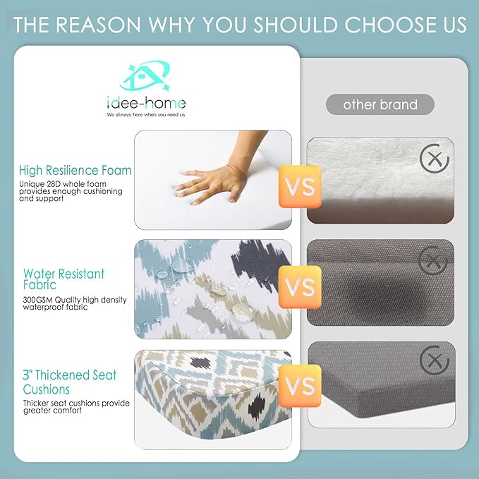 idee-home Outdoor Chair Cushions Set of 2, 19" x 19" x 3" Thick D-Shaped Patio Furniture Outdoor Seat Cushions Waterproof with Ties, Dining Pads