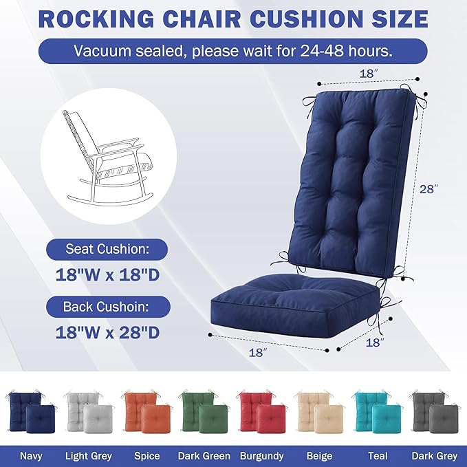 Rocking Chair Cushion, Waterproof and Fade-Resistant Patio Chair Cushions, Tufted Chair Pads for Rocker Furniture, 18x18 Inch, Indoor/Outdoor Seat Cushions with Ties, Navy Blue
