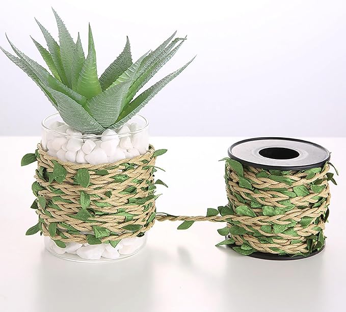 33ft Waxed Twine with Green Leaves, 3-ply Waxed Cord, Artificial Leaves Waxed String for Crafts and Decor (Natural Color Waxed Twine)