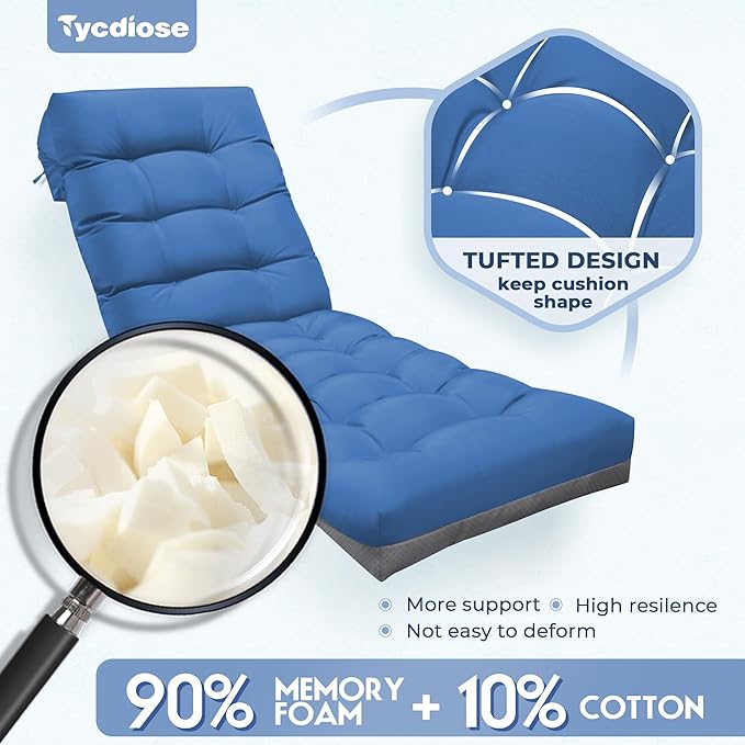 Outdoor Lounge Chair Cushion, Waterproof Replacement Chaise Lounge Cushions for Outdoor Furniture Thickened 71 x 22 x 4.7 Inch Non-Slip Patio Pool Lounge Chair Cushions with Ties, Royal Blue