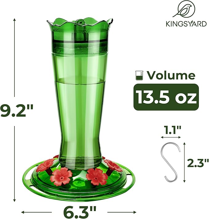 Kingsyard Glass Hummingbird Feeder for Outdoors Hanging - 6 Bee Guard Feeding Ports & Built-in Ant Moat, Wild Bird Feeder for Outside Garden Yard Patio 14 Oz, Green