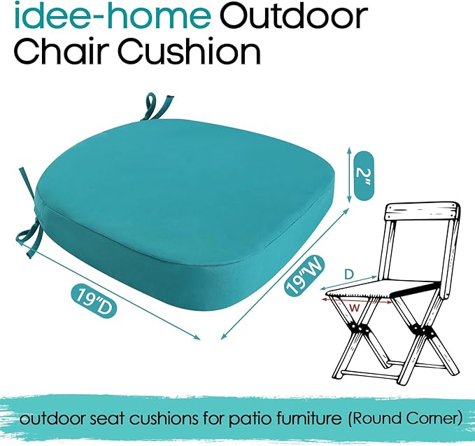 idee-home Outdoor Chair Cushions Set of 2, 19" x 19" x 2" Thick D-Shaped Patio Furniture Outdoor Seat Cushions Waterproof with Ties, Dining Pads