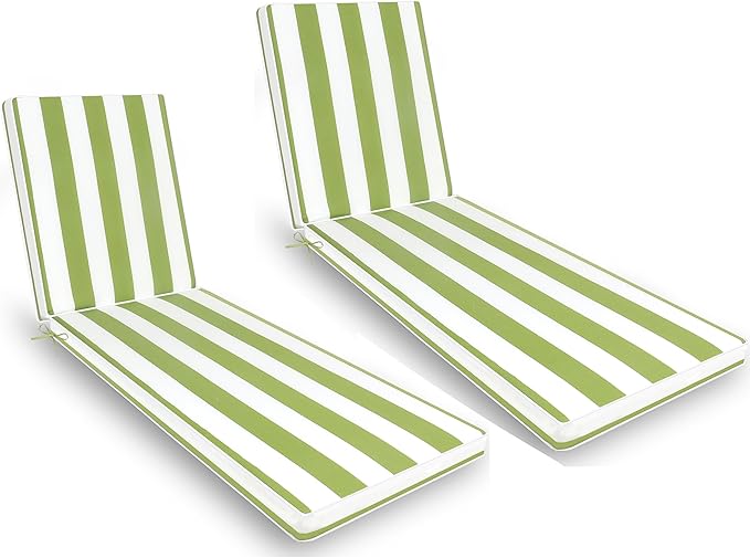 Outdoor Chaise Lounge Chair Cushions 2 Pack, Thick Waterproof Patio Pool Lounge Cushions, Fade Resistant(Green & White Stripe)