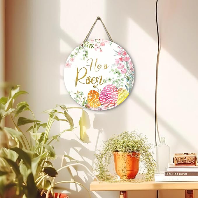 He is Risen Door Hanger Easter Religious Porch Sign Spring Floral and Eggs Door Sign for Front Door Holiday Hanging Decoration for Home Wall Outdoor