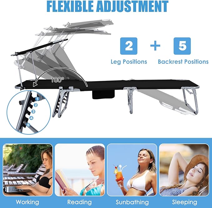 GYMAX Modern Black Outdoor Lounge Chair with Canopy, 5 Level Adjustable Layout Chaise Lounge for Outside, Folding Sunbath Chair for Outdoor, Patio, Poolside