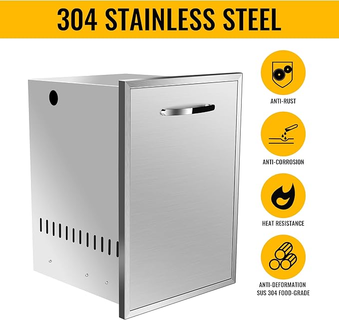 Built-in Double Trash Drawer 16" W x 22.3" H x 18" D, Pull-Out Tray Outdoor Kitchen Stainless Steel Trash Drawer Storage Two Trash Bins for BBQ Island Grill Station