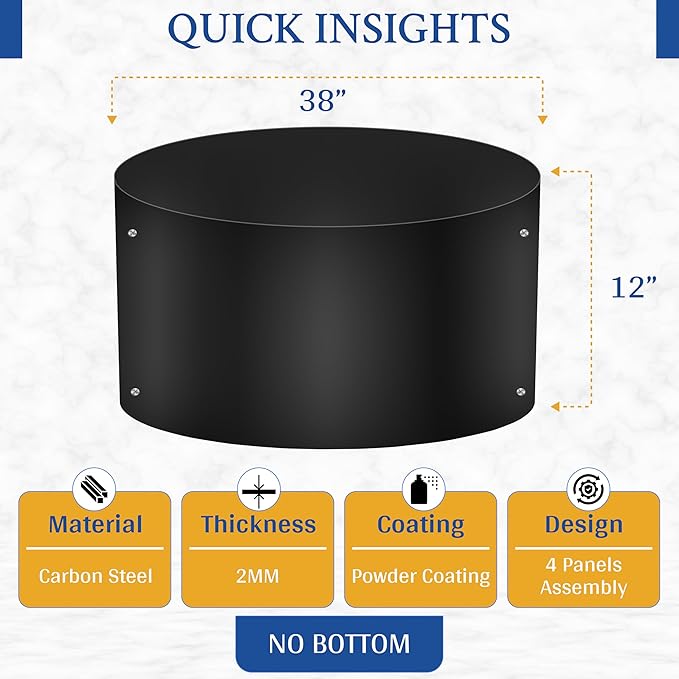 FEBTECH Fire Ring for Outside Fire Pit - 38" Dia & 12" H No Bottm Deep Fire Ring Insert - Powder Coated 2mm Carbon Steel Liner for Above or In Ground Fire Pit & Outdoor Garden or Camping