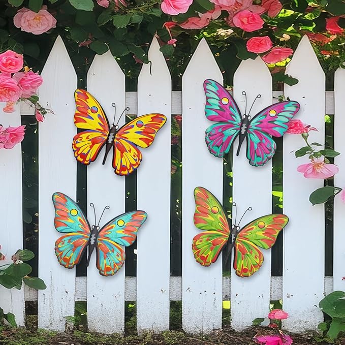 Daogtc Metal Butterfly Wall Decor - 9.6" Outdoor Fence Wall Art Decor, Hanging Decorations for Garden Yard Living Room Bedroom Patio Balcony,Gift for Family Friends(4 Pack)