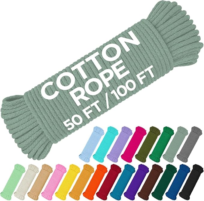 TECEUM Cotton Rope 3/16” (5 mm) – 50 FT – Strong All-Purpose Braided Rope – Natural Cotton – for Crafting, Сamping, Clothes Line, DIY, Indoor & Outdoor Use – Soft Sage