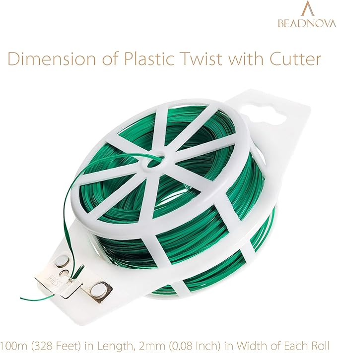 BEADNOVA Twist Tie 328 Feet (100m) Bread Ties Gardening Ties Green Plant Ties Multipurpose Plastic Coated Plant Twist Tie with Cutter for Potted Plants Garden Office and Home
