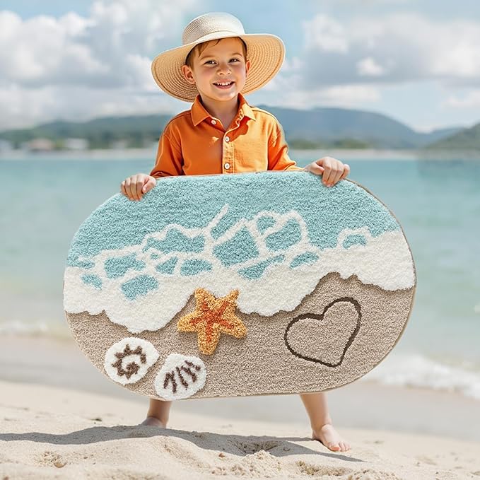 LUMI Soft and Absorbent Beach Bathroom Rug, Non-Slip Backing, Ideal for Bathroom, Kitchen and Entryway Decor, Sea Beach Starfish Shell Bath Decor, Azure Bay, 22"x34"