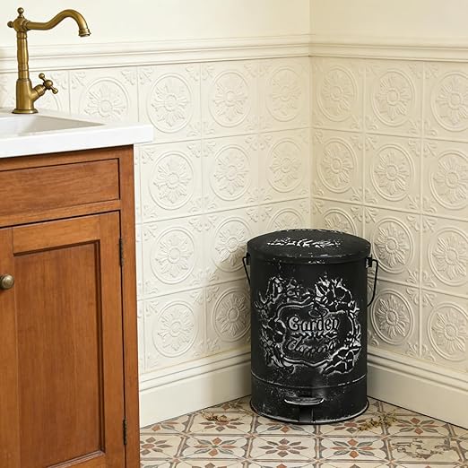 Z&Z ornamentorum Outdoor Small Trash Can with Lid Dog Poop Trash Can Outside for Kitchen Park Garden and Pedal Round Touchless Garbage with Flower and Bird Patterns (Black)