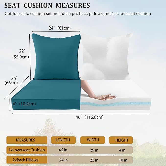 Outdoor Loveseat Cushion Set for Patio Couch/Sofa, 46 x 26 Inch Waterproof & Fade Resistant Patio Furniture Chiar Cushions with Removable Cover (Turquoise, 46''Lx26''Wx4''H-Loveseat Cushion Set)