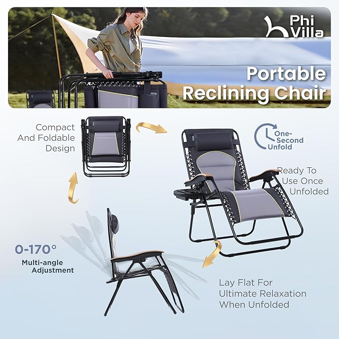 PHI VILLA XXL Oversized Padded Zero Gravity Chair Set of 2, Foldable Patio Recliner, 30" Wide Seat Anti Gravity Lounger with Armrest and Cup Holder, Support 400 LBS (Grey Accents)
