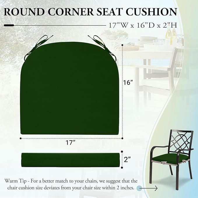 Wellsin Outdoor Chair Cushions for Patio Furniture - Patio Chair Cushions Set of 4 - Water Resistant Round Corner Outdoor Seat Cushions 17"X16"X2", Forest Green