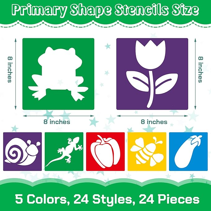 Epakh 24 Pieces Stencils for Kids 8 Inches Drawing Stencils Chalk Template Large Washable Geometric and Garden Themed Primary Shape Template for Kids Toddlers Preschooler(Garden Style)