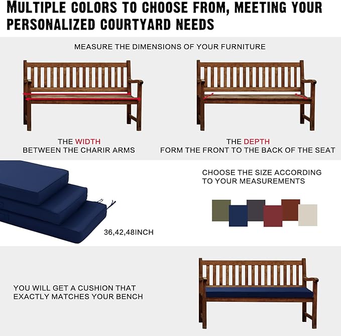 Outdoor Bench Cushion 4 inches Memory Foam Waterproof Patio Furniture Bench Cushion Porch Swing Cushion with Handle and Adjustable Strap, 36 x 18 Inch Navy