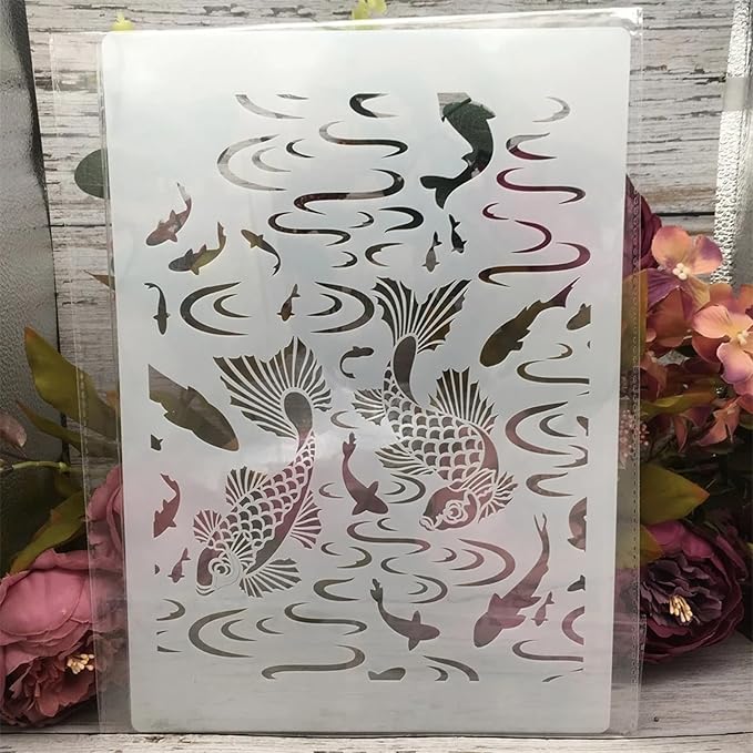 TIAMECH A4 Reusable Double Fish Stencil for Painting - Carp Brook Layering Template, DIY Wall Art, Wood Furniture, Scrapbook & Crafts (8.3x11.7inch)