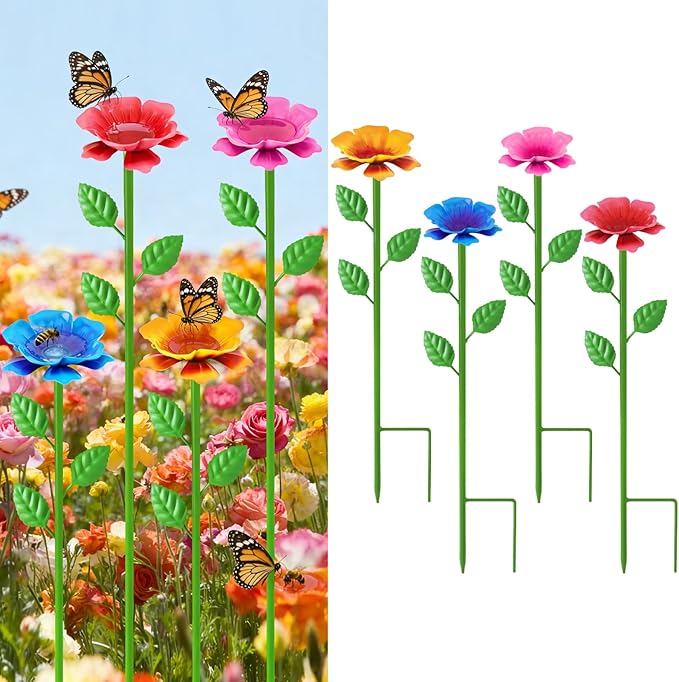 4 Pack Bee Watering Station, Metal Bee Water Station with Flower Design Colorful Butterfly Bath Bowl Drinking Feeder Cups for Outdoor Garden Yard Decor (Red,Pink,Blue,Yellow)