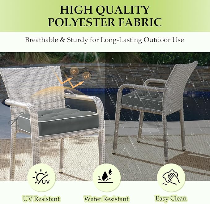 HARBOREST Outdoor Chair Cushions Set of 2, Tufted Patio Chair Cushions with Ties, Square Corner Outdoor Cushions for Patio Furniture, Lawn Chairs, Wicker Chairs, 17" x 17" x 5", Grey