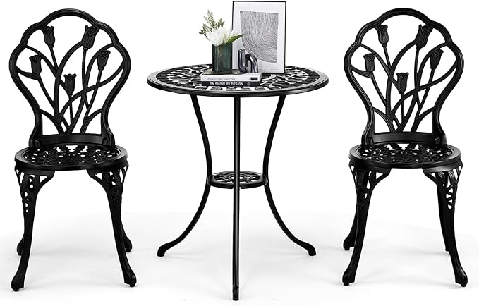 VINGLI 3 PCS Outdoor Bistro Set, Outdoor Patio Set, All-Weather Cast Aluminum Bistro Table Set, Bistro Table and Chairs Set of 2 for Backyard, Garden, Balcony (Black, Tulip)