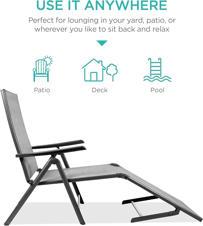 Best Choice Products Set of 2 Outdoor Patio Chaise Lounge Chair Adjustable Reclining Folding Pool Lounger for Poolside, Deck, Backyard w/Steel Frame, 250lb Weight Capacity - Gray