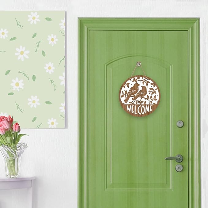 Deroro Welcome Spring Summer Birds Silhouette Front Door Sign, Branches Farmhouse Wood Door Hanger Outdoor Outside Porch Decor, Rustic Seasonal Wooden Wreath Indoor Wall Hanging Decoration