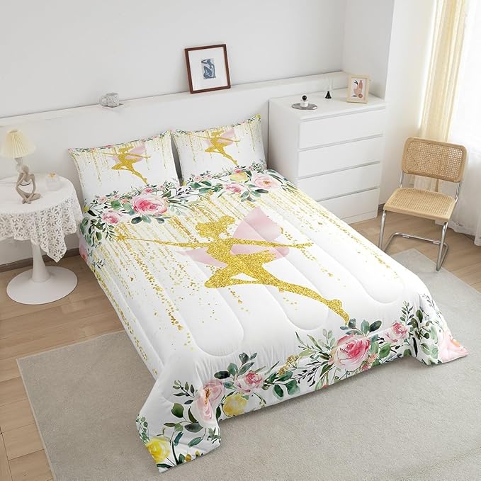 Erosebridal Fairy Garden King Comforter Set,Cute Pink Floral Bedding Sets for Girls Teen,Dreamy Sweet Fairy Quilt Bed Set,Coquette Flower Girly Bedroom Decor,2 Pillowcases All Season
