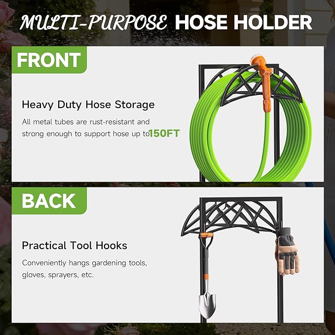 Garden Hose Holder, Heavy-Duty Metal Stand with Stable Base & 2 Tool Hooks, Freestanding Storage Rack for Outside, Holds 150ft – Hose Holders for Yard & Lawn