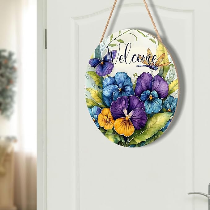 Welcome Spring Blue Purple Flowers Door Sign For Front Door Decor,Pansy Dragonfly Wooden Sign 12"x 12" Round Spring Summer Seasonal Vintage Hanging Door Sign Decoration for Wall Rustic Decor