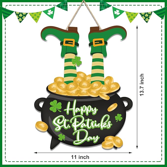 St. Patrick's Day Door Sign Happy St. Patrick's Day Wooden Front Door Wreath Leprechaun Feet Shamrock Gold Coin Jar Hanging Welcome Signs for Irish Home Wall Hanger Porch Indoor Outdoor Party Decor