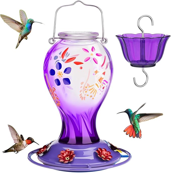Kingsyard Glass Hummingbird Feeder for Outdoors Hanging - 26 oz Leak Proof Nectar Feeder with 6 Feeding Ports & Ant Moat for Garden Backyard Decor, Purple
