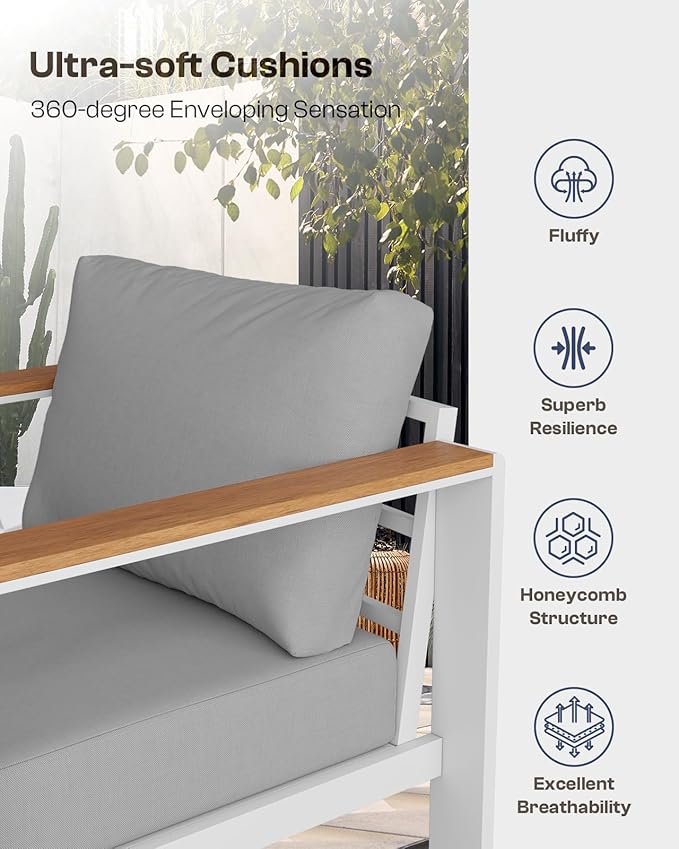 Aluminum Outdoor Patio Furniture Loveseat, All-Weather Outdoor Patio Sofa with Washable Thick Cushion, Patio Sofa Couch for Porch, Balcony, Deck, Yard, White